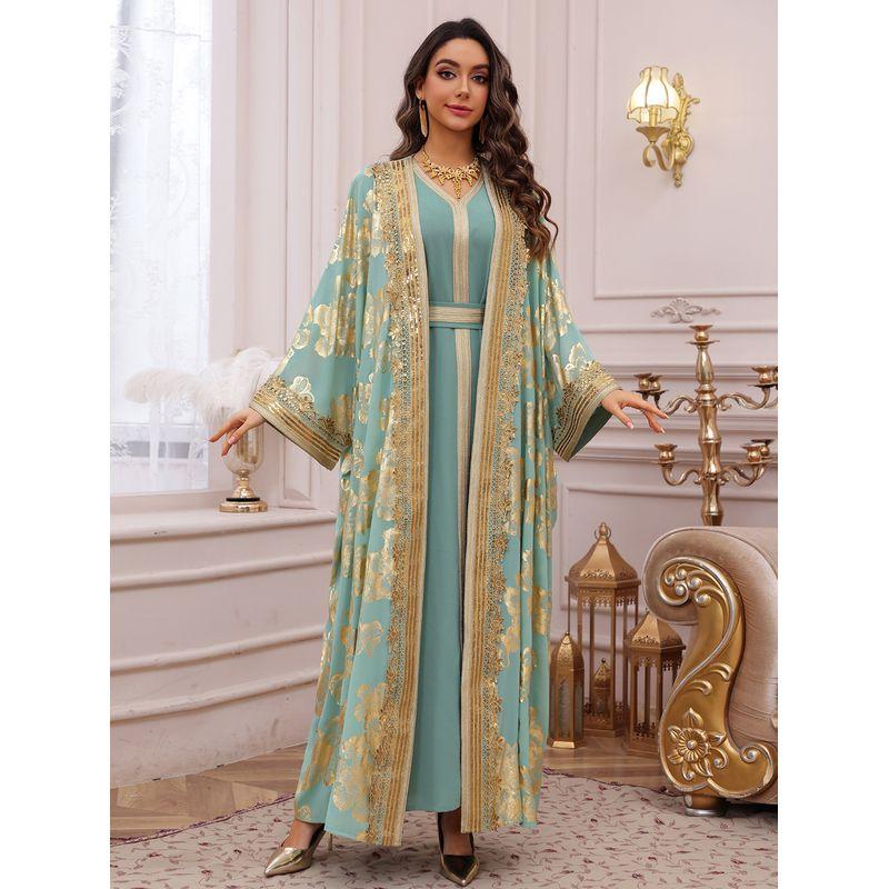 

Мода Ближнего Востока Бронзовый Пояс Кардиган Халат Комплект из двух предметов Мода Вечеринка Дубай Арабское Платье Платье Light green 2XL