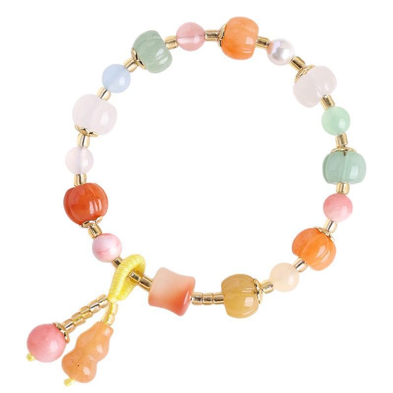Gold Silk Jade Pumpkin Bracelet for Women, Multi-Bead Pumpkin Buddha Bead Bracelet, Single Strand, Gift for Peace, Health, and Good Luck