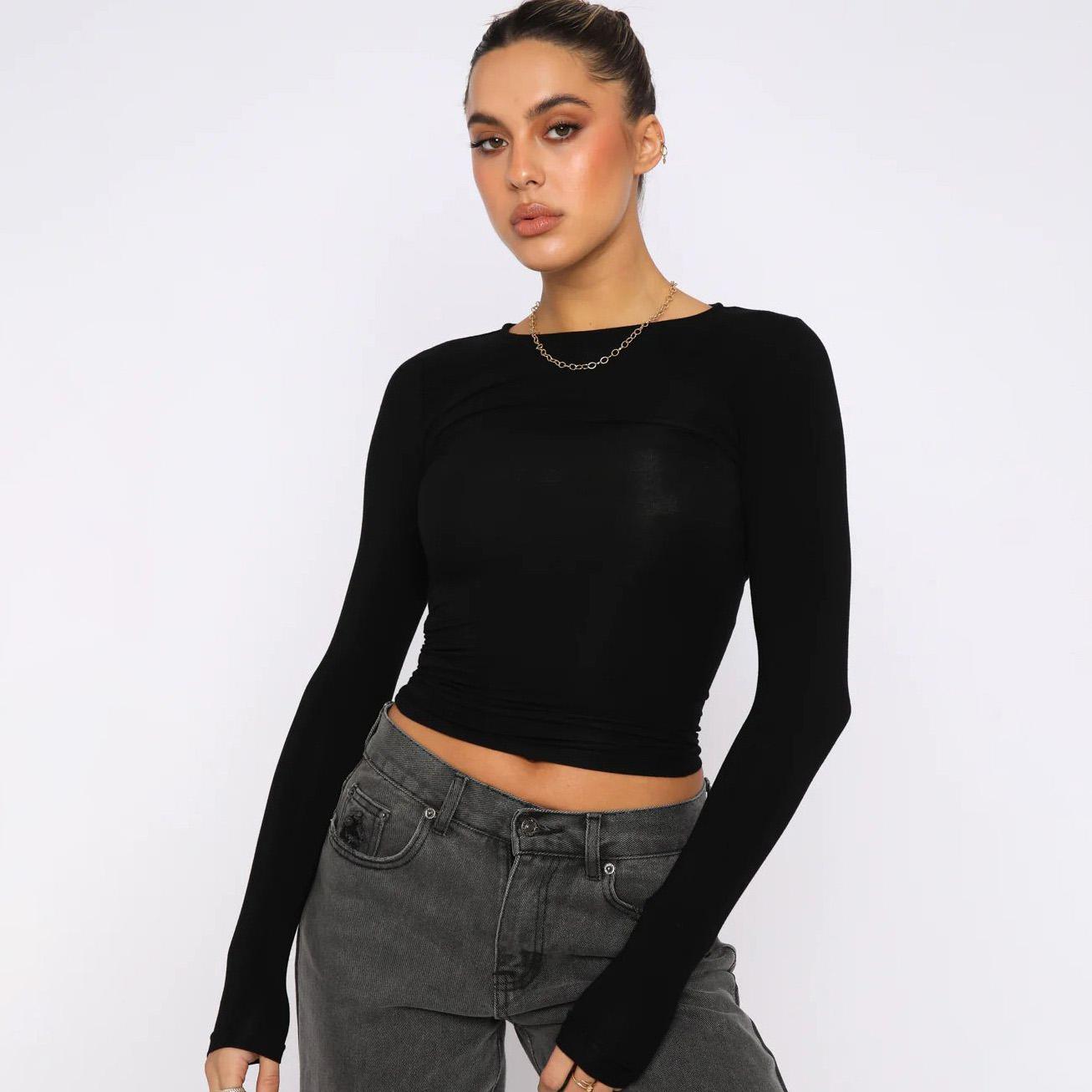 

Женская одежда с круглым вырезом, уличная одежда, тонкие дышащие футболки с длинными рукавами, облегающие укороченные топы с подкладкой, сплошной цвет XL чёрный