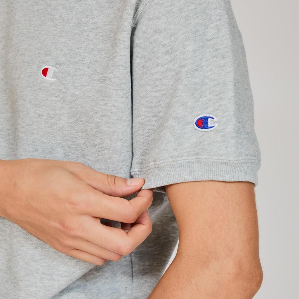 Champion Short Sleeve Crew Neck Oxford with Fleece Lining and Logo Embroidery Men's Sweatshirt, Basic, Gray, C3-Z020, One-Point