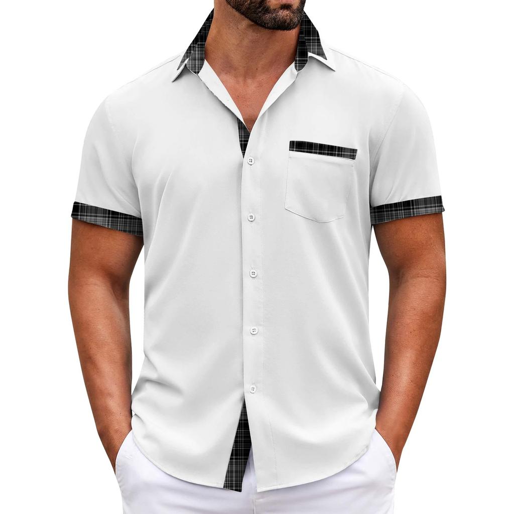Pánské kostkované košile s krátkým rukávem s potištěným knoflíkem Pánská móda pro volný čas Košile s krátkým rukávem