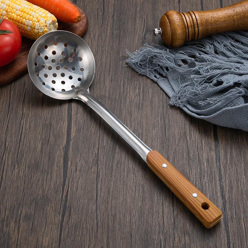 Stainless Steel Cookware Set: Anti-Scald Handle Wok Spatula, Soup Ladle, Slotted Spoon, Imitation Wood Grain, Thickened Stir-fry and Frying Tools.