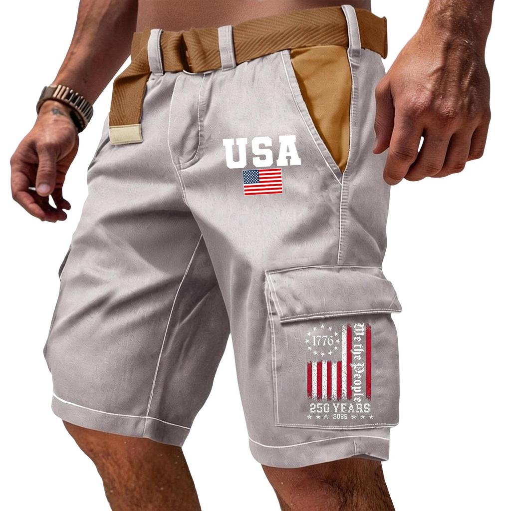 Men's Casual Multi Pocket Cargo Shorts with Flag and Lettering Print Adjustable Waistband Outdoor Workwear Shorts