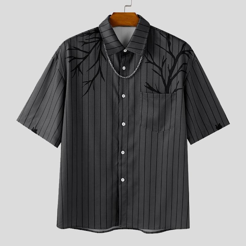 INCERUN Oversized Men Lapel Neck Short Sleeve Striped Print Casual Loose Shirts