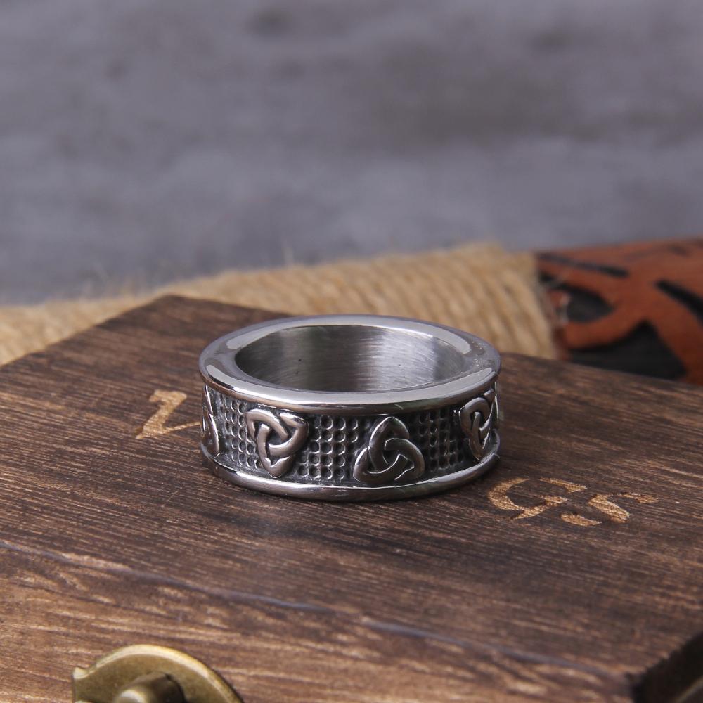 Viking Stainless Steel Celtics Knot Ring for Men Women Nordic Trinity Wedding Band Promise Jewelry with Wooden Gift Box