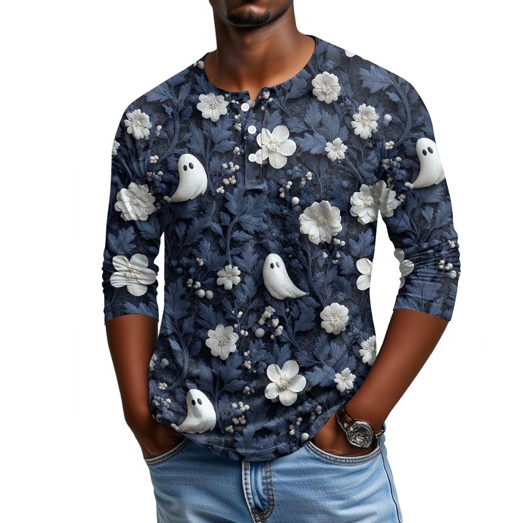Men Casual Halloween Print Henley Shirt Raglan Sleeve Three Quarter Length Button Front Top
