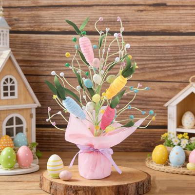 Artificial Easter Potted Plants 16.5" Easter Egg Tree Table Decorations with Pipe Cleaner Carrots Fake Flowers for Mantel Fireplace Home Spring Decor
