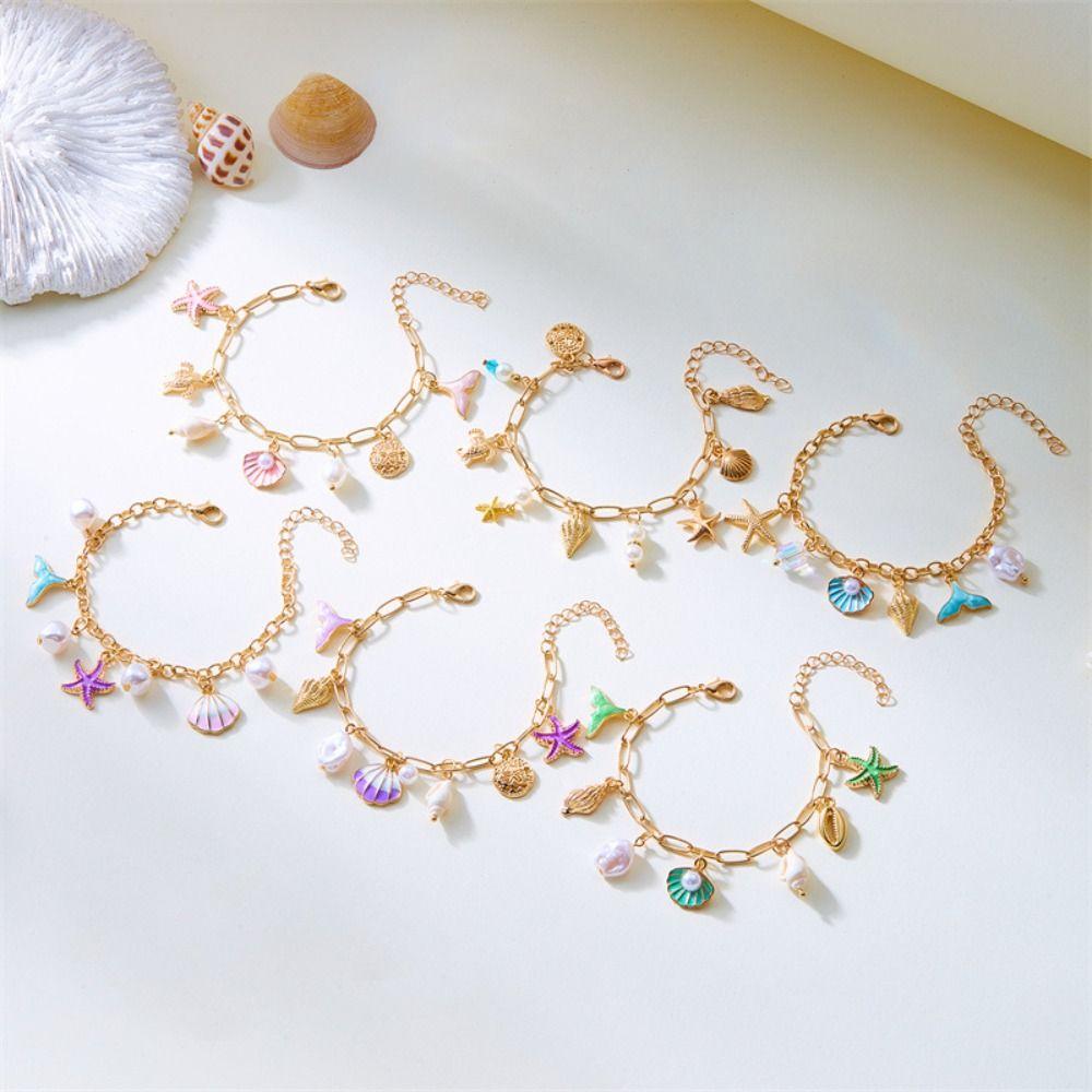 Tassel Metal Gold Bracelet Pearl Bohemian Beach Jewelry Retro Shell Starfish Bracelet  Women