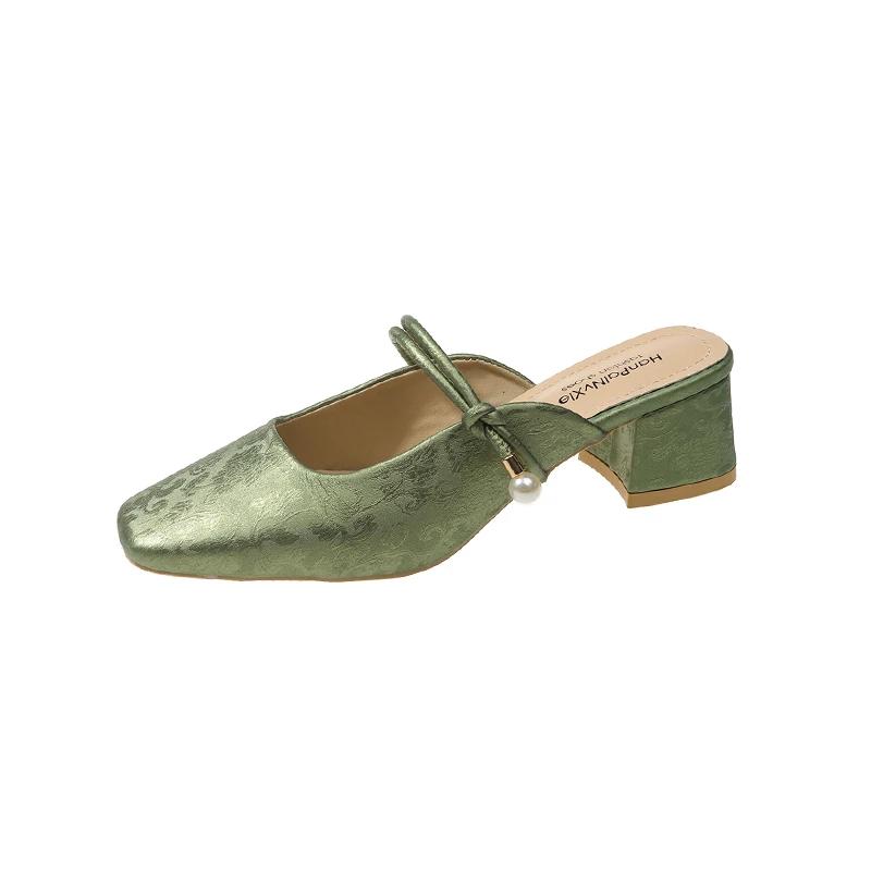 Baotou Half Slippers Female Summer Outdoor Slides Square Toe Chunky Heel High Heels Sandals Mule Slippers Pearl Decor Dress Shoe