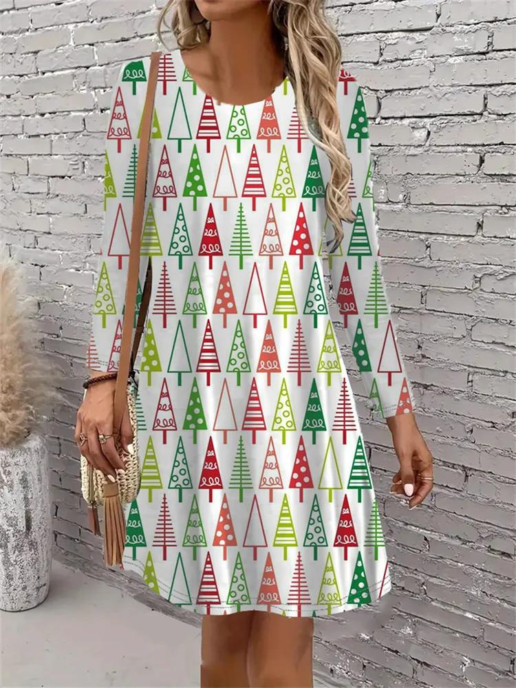 New Year Party Women Dress Christmas Robe Casual Long Sleeve O-Neck Loose A-Line Dress