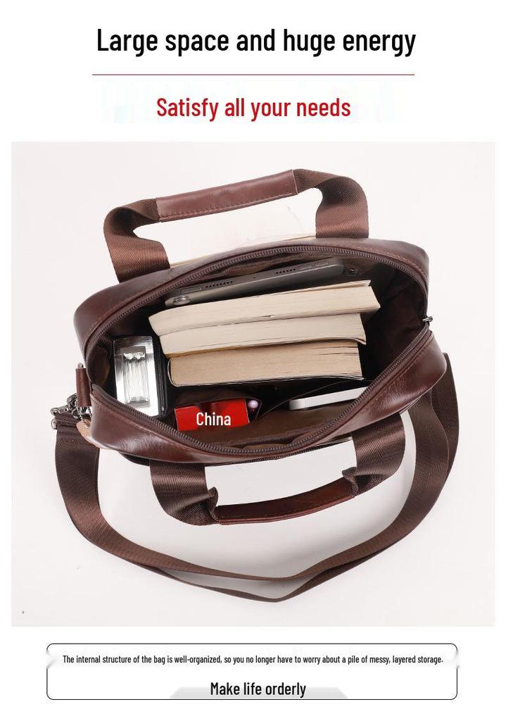 Men's Genuine Leather Vertical Briefcase: Simple Top Layer Cowhide Shoulder & Crossbody Document Bag.