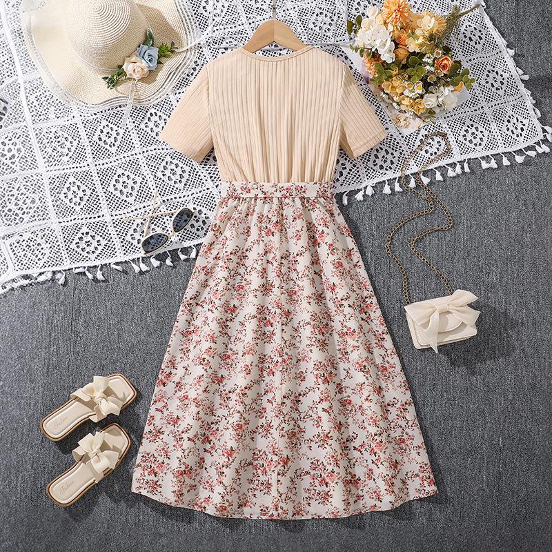 Girls Fashion Dress Summer Children Short Sleeve Patchwork Sweet Floral Dress