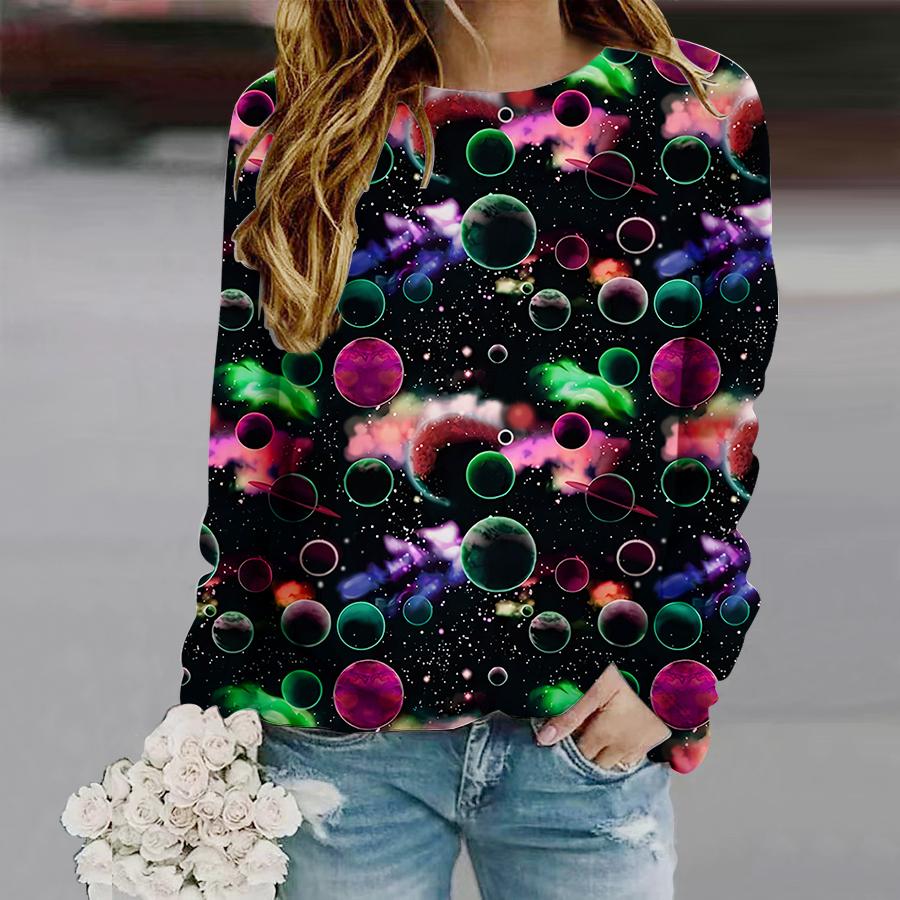 

Топы для женщин, красочный принт «Звездное небо» с круглым вырезом и длинным рукавом, футболка, повседневный тонкий женский топ с длинным рукавом XS фиолетовый