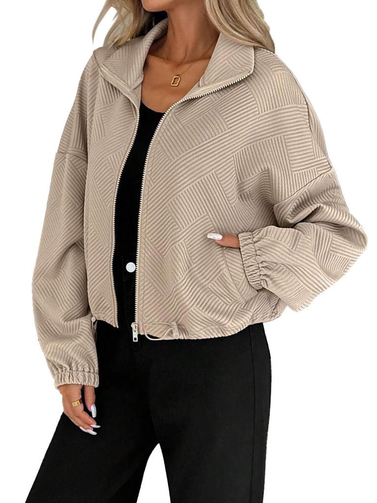 Fall Winter High Neck Zipper Drawstring Pocket Women Loose Baseball Jacket Coat
