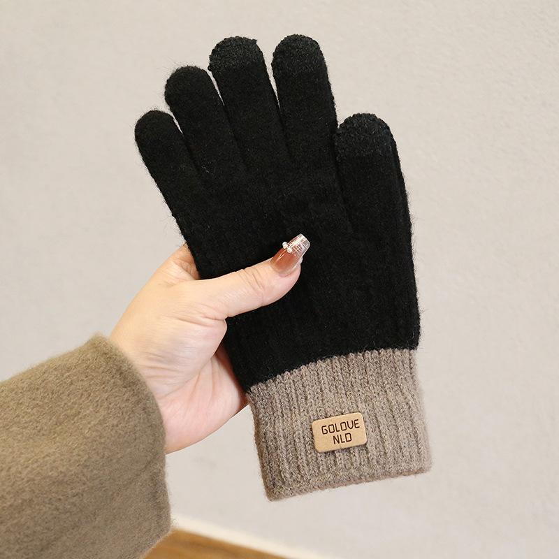 Camel Wool Knitted Gloves Women's Autumn and Winter Warm Outdoor Antifreeze Full Finger Gloves Piled and Thickened