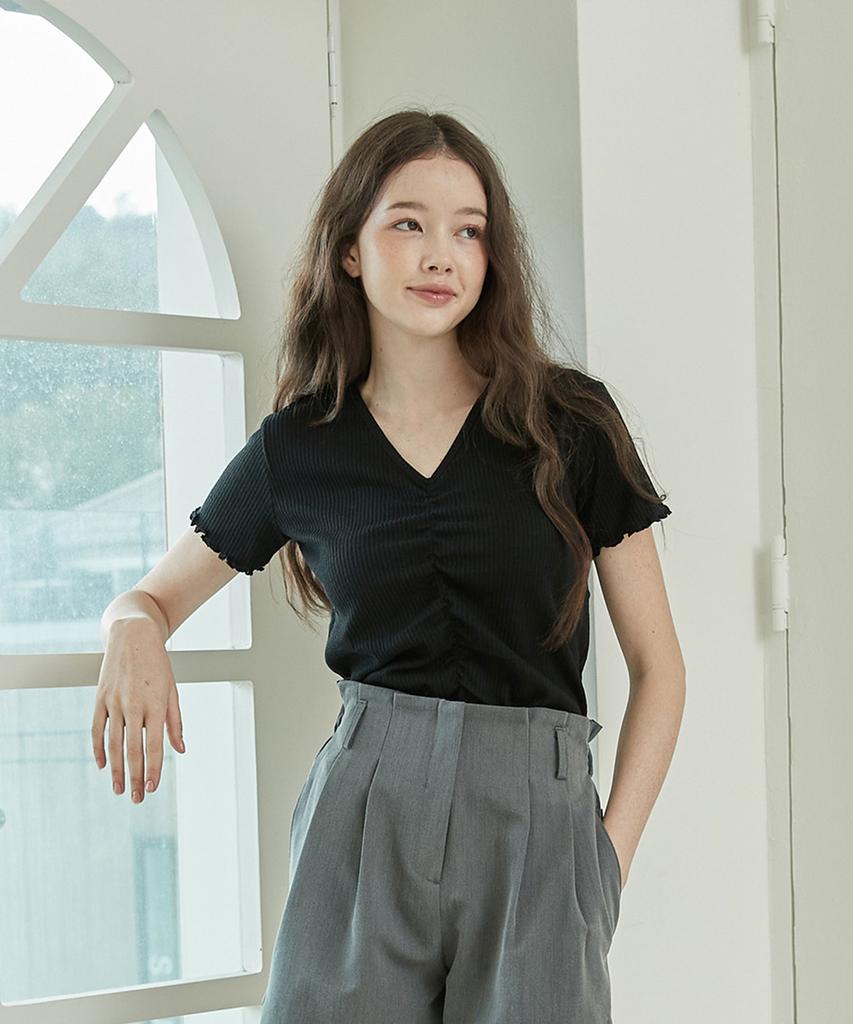 BIBYSEOB Shirred Half T-Shirt Black [T42]