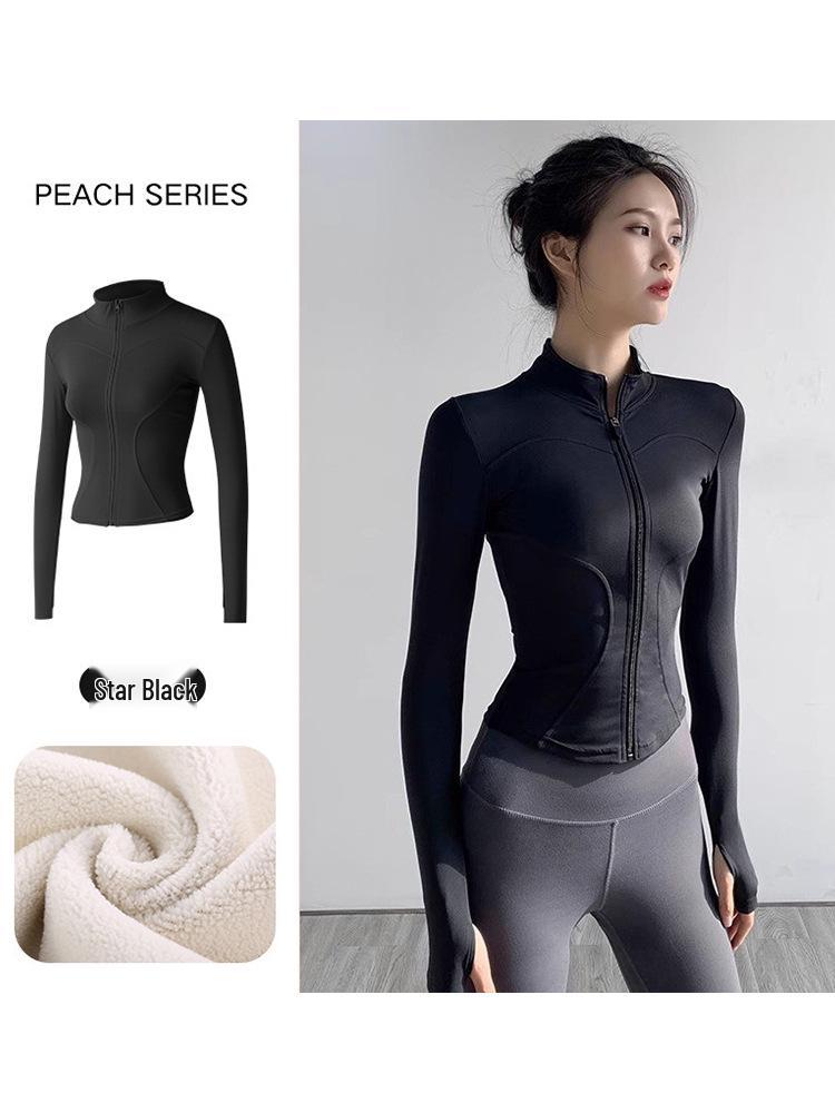 Women's Plush Slim Fit Zipper Yoga Jacket - Thickened, Elastic Long Sleeve, Stand Collar, Warm Autumn & Winter Top