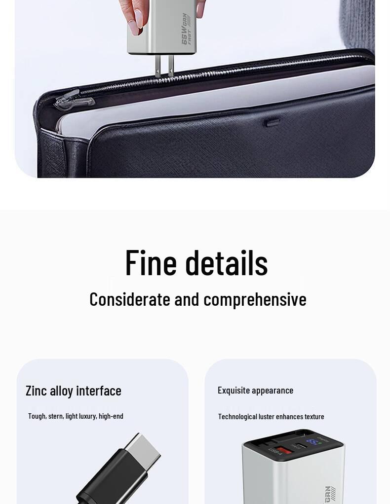 65W GaN Fast Charger with Digital Display, Retractable Type-C Cable, and Multi-Port Compatibility for Apple and Android Devices.