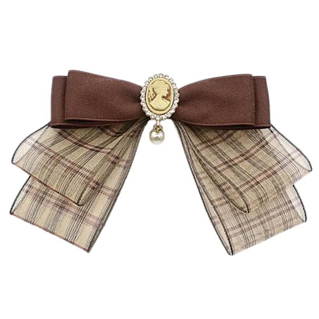 Vintage Brown Plaids Ribbon Bows Tie Brooch Pin for Women Girl Japanese Preppy Uniform Pre Tied Bowknot Corsage Necktie
