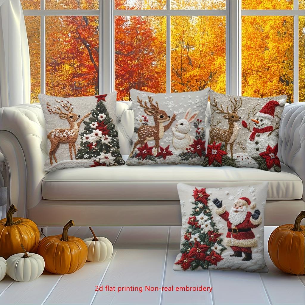 4Pcs Christmas Themed Pillowcases, 2D Flat Santa Claus Reindeer Print, Hand Washable Zipper Closure, Sofa Bed Home Decor