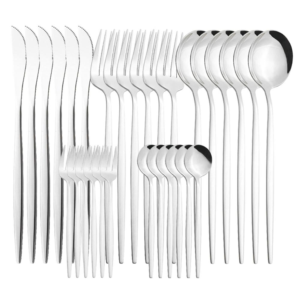 30pcs/6set Dinnerware Knives Fork Dessert Coffee Teaspoons Spoons Ware Set Stainless Steel Cutlery Kitchen Tableware