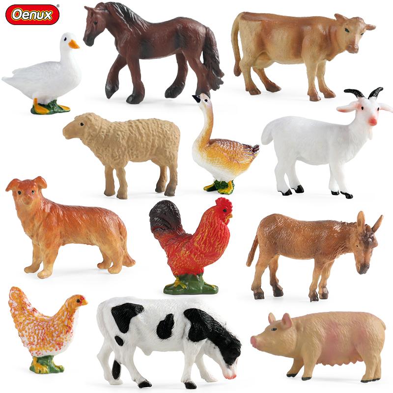 Oenux Zoo Farm Series Farmer Cow Hen Duck Model Action Figures Poultry Animals Set Figurine Miniature Educational Kids Toy