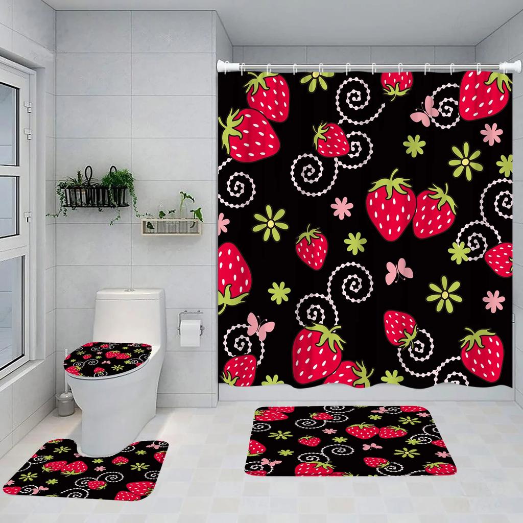 Strawberry Pink Shower Curtain Set Girls Woman Fruit Summer Bathroom Decoration Bathtub Rug Mat Home Carpet Toilet Lid Cover