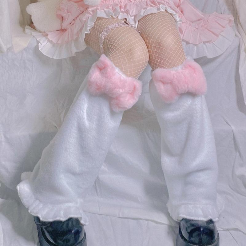 Long Foot Cover Leg Warmers Goth Anime Sweet Pink Bowknot Cosplay Ruffled Hem Plush Knee High Socks for Women Girls
