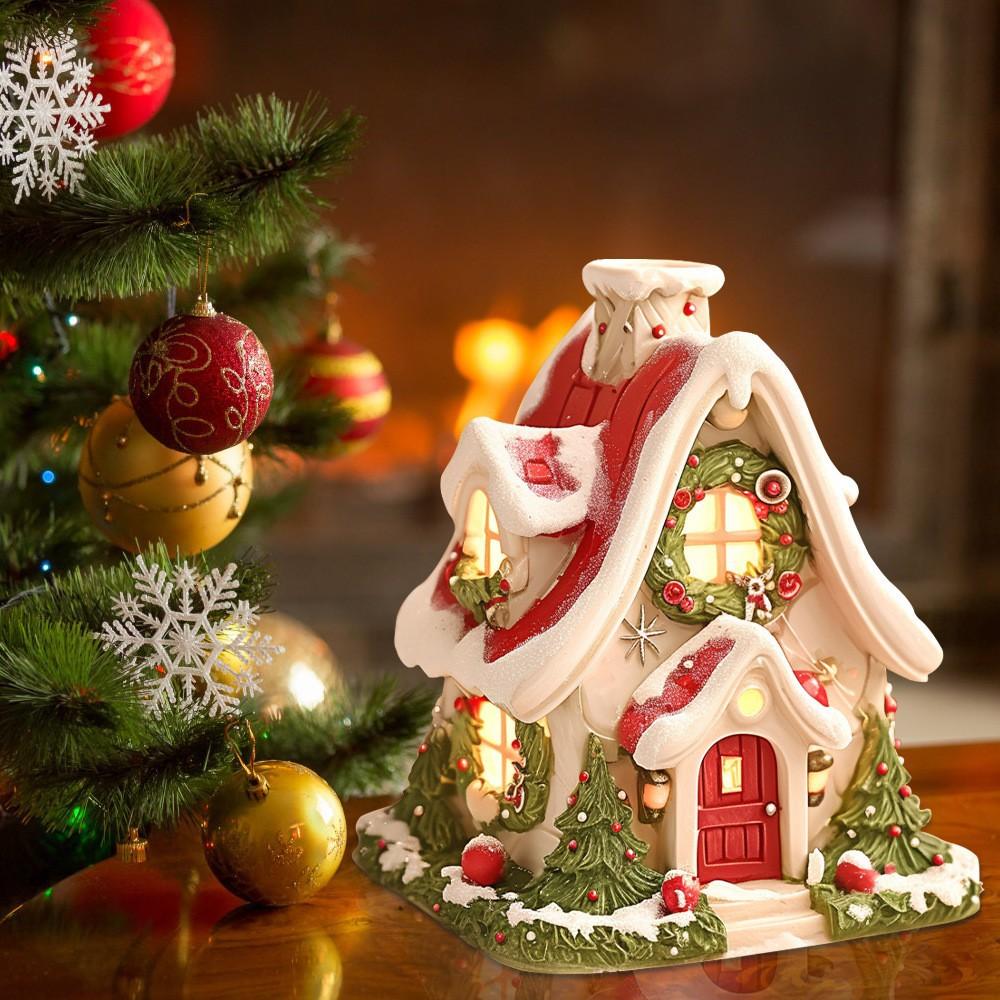 Creative Resin Night Light Snowy House Decorative Ornaments For Home Decor Christmas Tabletop Accents Unique Resin Art Holiday Decoration
