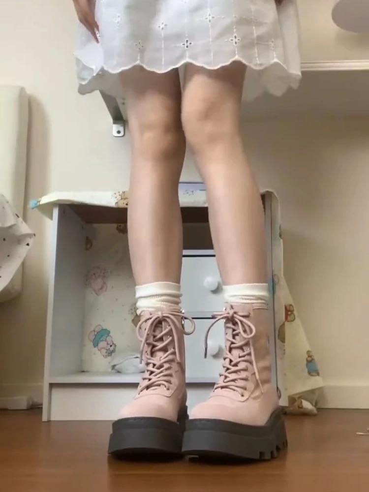 Women's Boots Platform Footwear With Laces Shoes For Woman Half High Mid Calf Lace-up Pink Work Quality On Offer Chic Point Hot