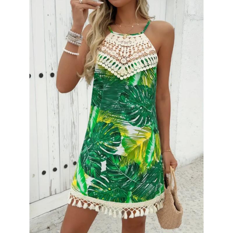 Summer Sleeveless Sweet Printed Lace Short Dress Elegant Fashion Loose Tassel A-line Party Holiday Dresses Tank Casual Simple Clothing
