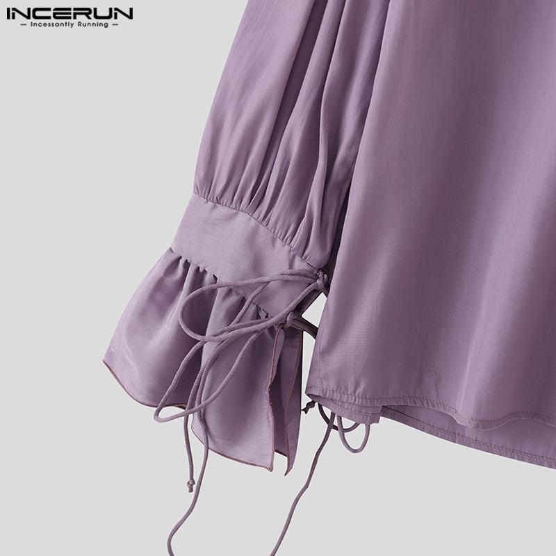 INCERUN Men Stand Neck Lace-up Long Sleeve Casual Oversized Elegant Shirts