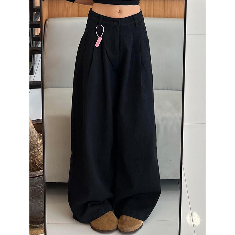 Women's Big American Style Black Wide-Leg Jeans, Autumn/Winter Pear Shape, Floor-Length, Loose Fit