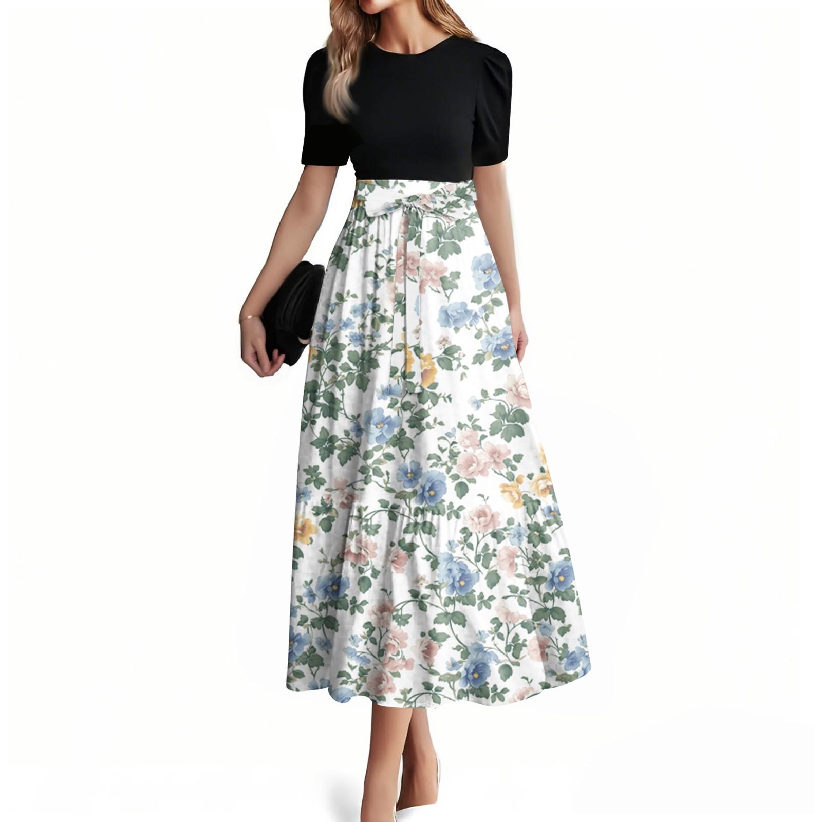 

Women s Fashion Casual Belt Short Sleeve Round Neck Stitching Elegant Temperament Dress XXL жовтий