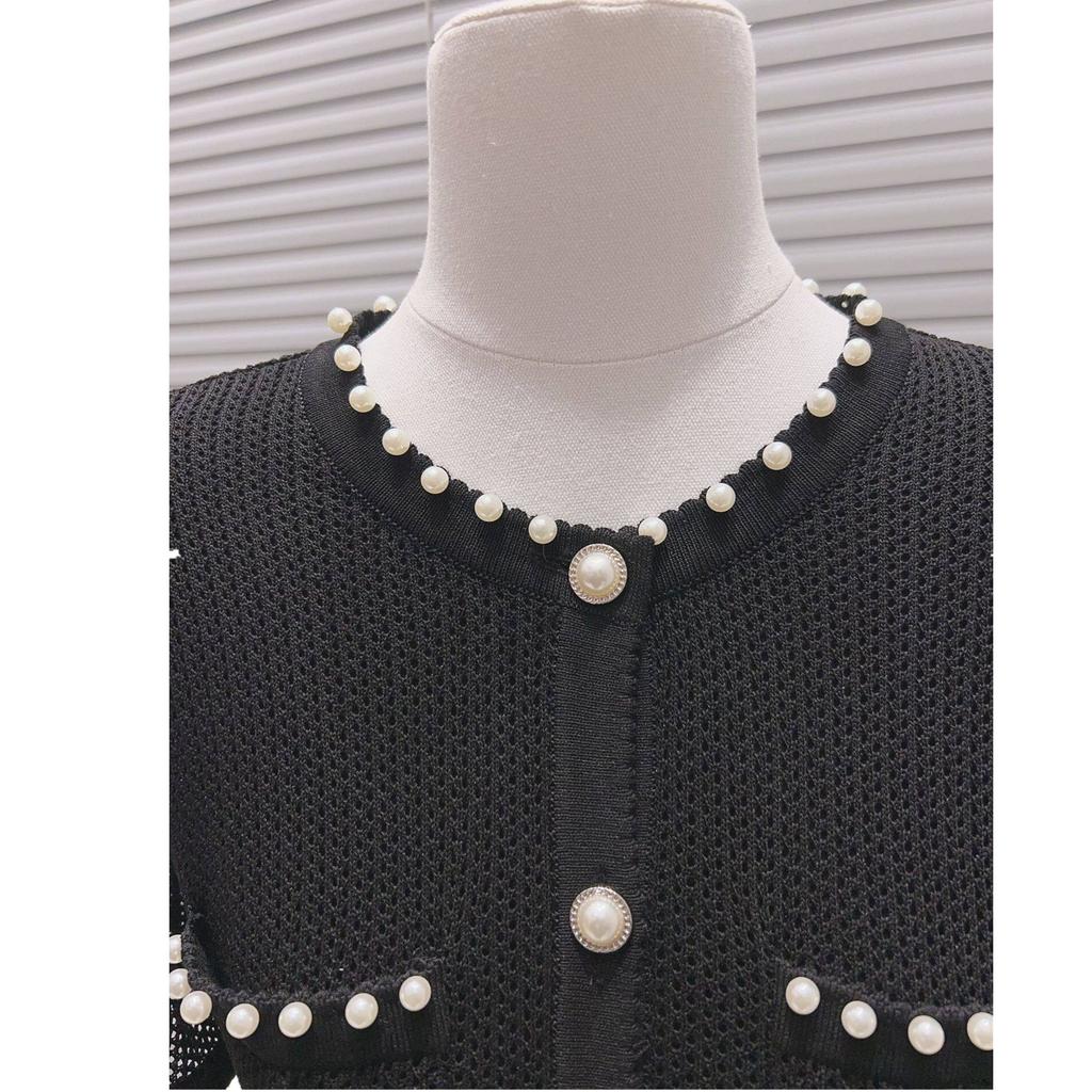 Elegant Lady Beaded Knitted Long Dress Women's Solid Short Sleeve O-Neck Single-breasted Bodycon Party Dress Female