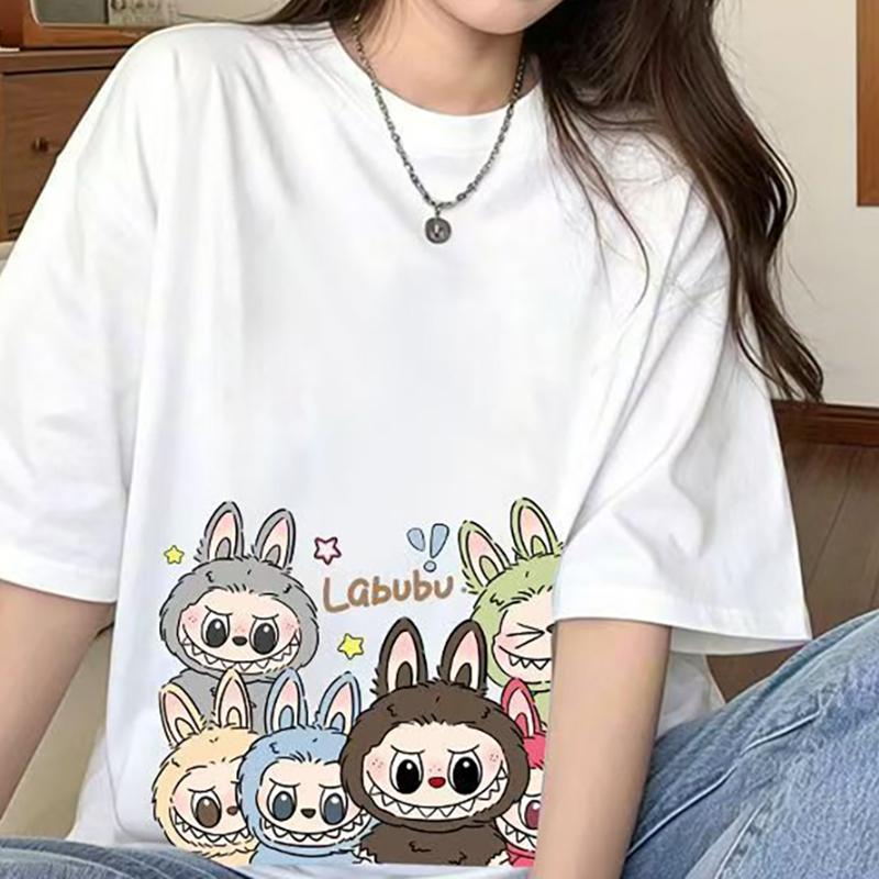 Labubu Print Women Short Sleeve T-shirt Summer Casual Fashion Clothing Girl Cartoon Cute Anime Printed Tops