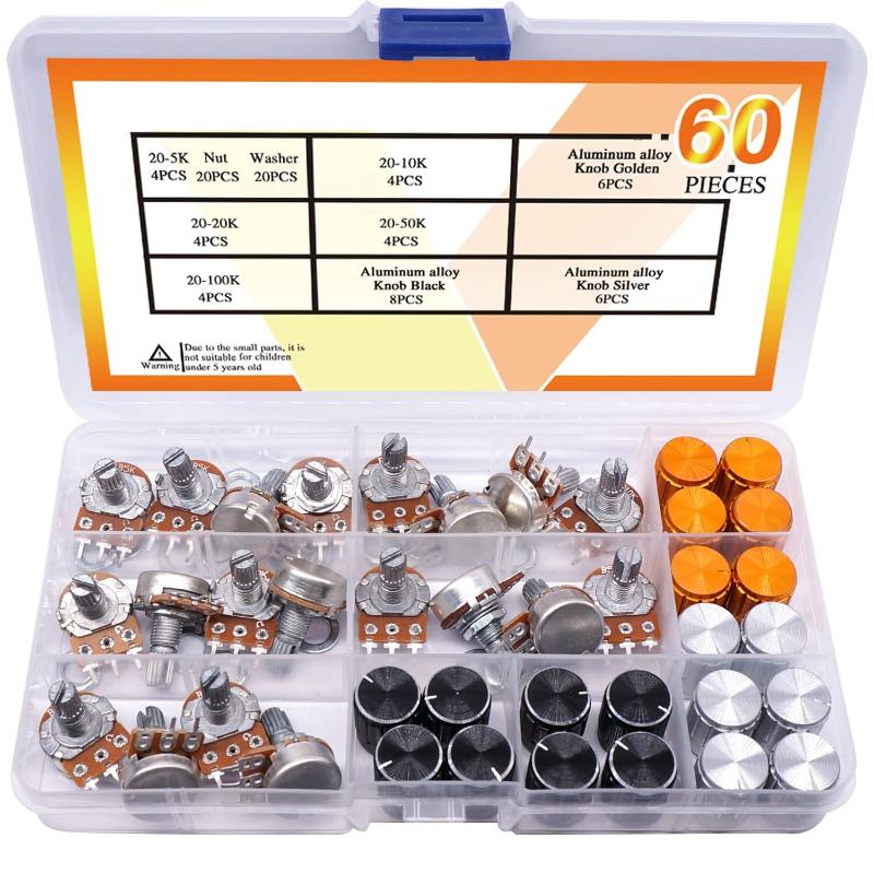 40PCS WH148 Potentiometer Kit 5K 10K 20K 50K 100K 15mm Linear Taper Rotary Potentiometer 3Pin With Rotary knobs and Nuts,Washers