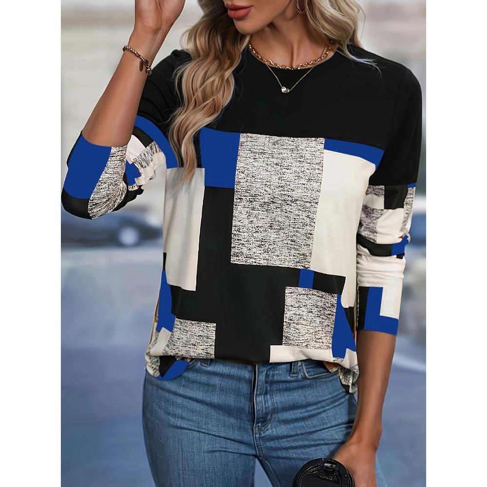 Women's 3D Printed Simple Plaid Print T-shirt Fashion Long Sleeve Round Neck Regular Tops Holiday Weekend Spring and Autumn