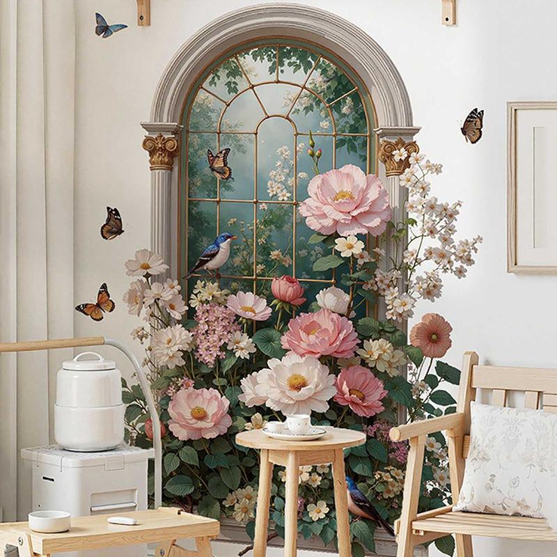 Arched Faux Window Wall Decal Flower and Butterfly Wall Sticker