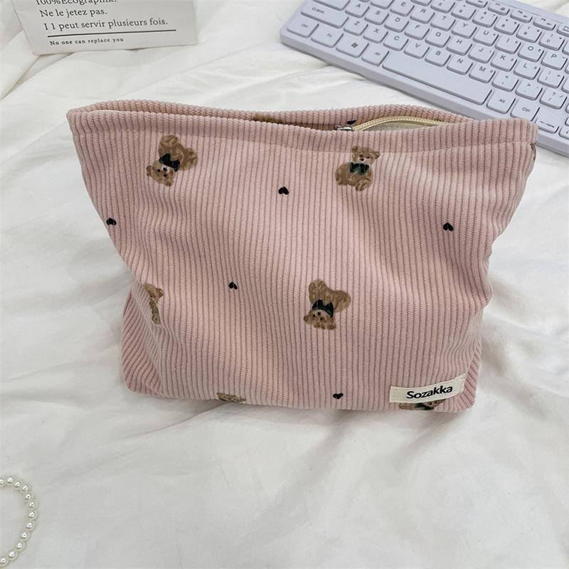 Portable Cartoon Bear Makeup Bag Corduroy Large Capacity Cosmetic Bag Pen Bags For Women Lady Girl