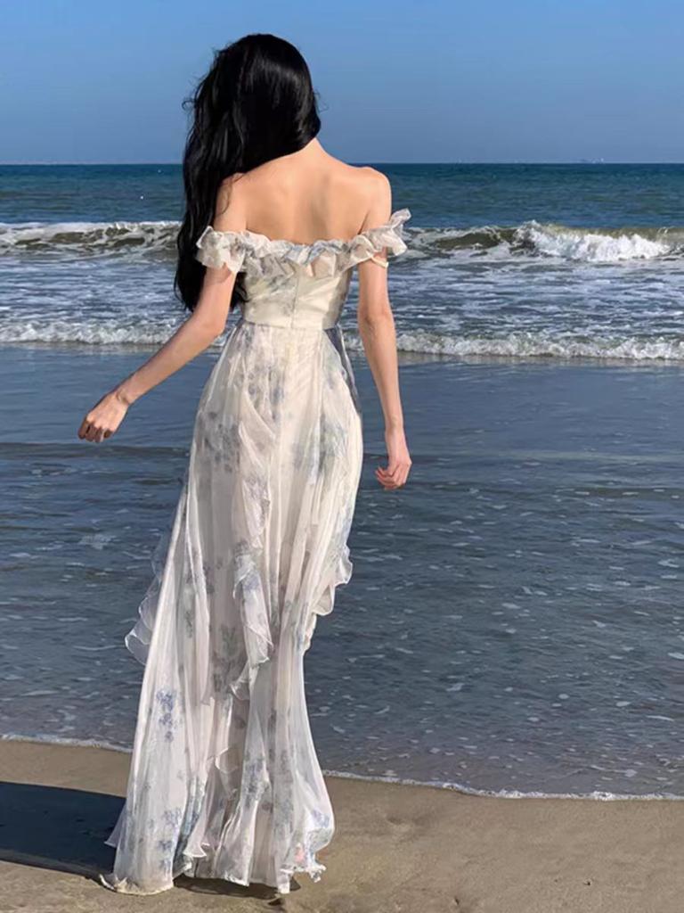Seaside Vacation Style Suspender Skirt Yarn French Ruffle Edge Beach Dress Atmosphere Long Dress Elegant Fairy Fan