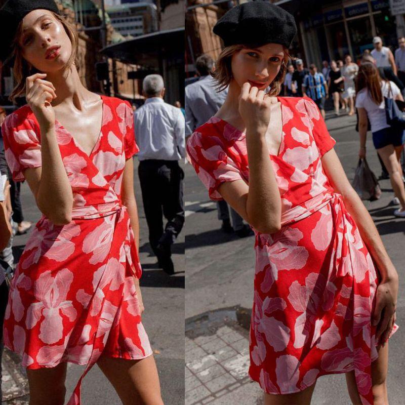 Chiffon Print Dress Fashion European and American Style Model Street Shooting Women's Summer Silm V-neck Belt Short Sleeve Red Flower Skirt