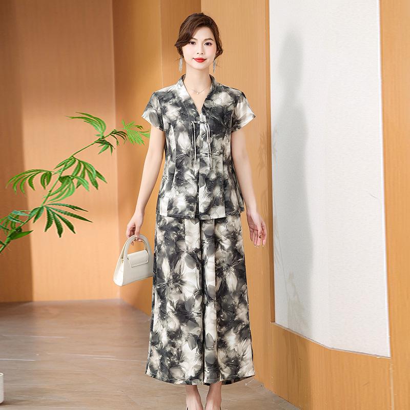 

Spring/Summer 2026 Casual Suit Set for Middle-aged and Elderly Women - Two-Piece Print 3XL [125-145 lbs] серый