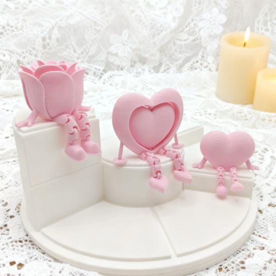 3 Pcs 3D Printed Valentine's Day Decoration Articulated Pink Heart Rose Figurine with Flexible Legs for Office Home Shelf Decor Lovers