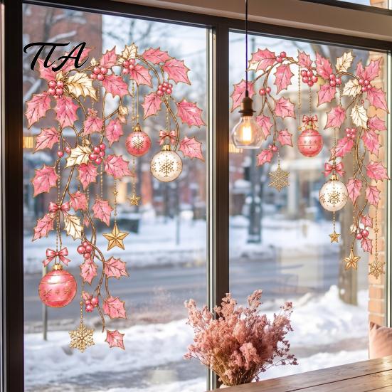 Holiday Glass Decals 2Pcs Christmas Window Clings, Static Sticker, Decal with Snowflakes Lantern Winter Wonderland Decor and Balls Patterns, Removable