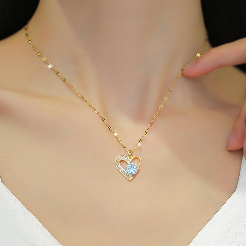ZAKOL Exquisite Clear Zircon Heart-shaped Pendant Necklace for Women Gold Color Titanium Steel Chain Love Zircon Gift