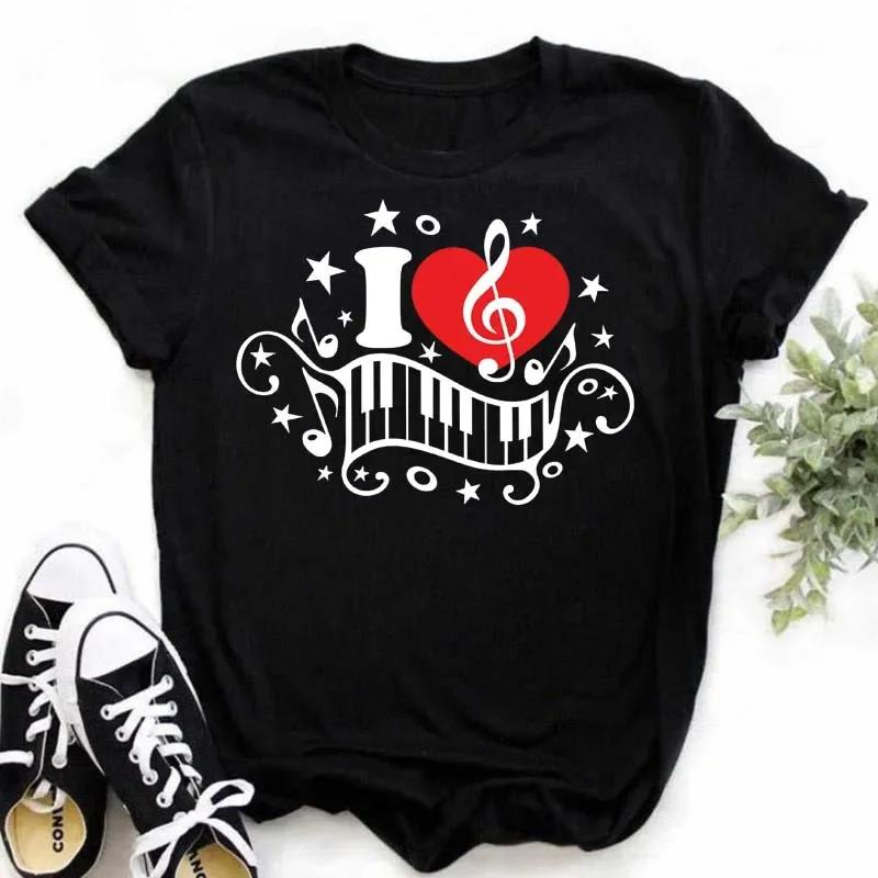 Damen T-Shirt Musik Oberteile Kurzarm Schwarz T-Shirt Damen Lässig Neu Harajuku Lustig Musiknote Kunst T-Shirt Mode