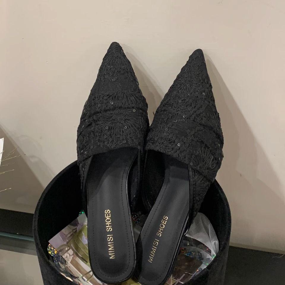 French temperament one-pedal mesh lace bag head half-support sandals 2025 new outer wear celebrity stiletto women's slippers