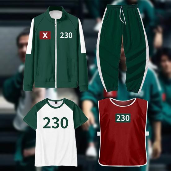 4 Pcs/Set Squid Series Cosplay Costume Sweatshirt Jacket Pants T-shirt Vest Set Zip-up Jacket Drawstring Trousers Tracksuit for Cosplay Parties Daily