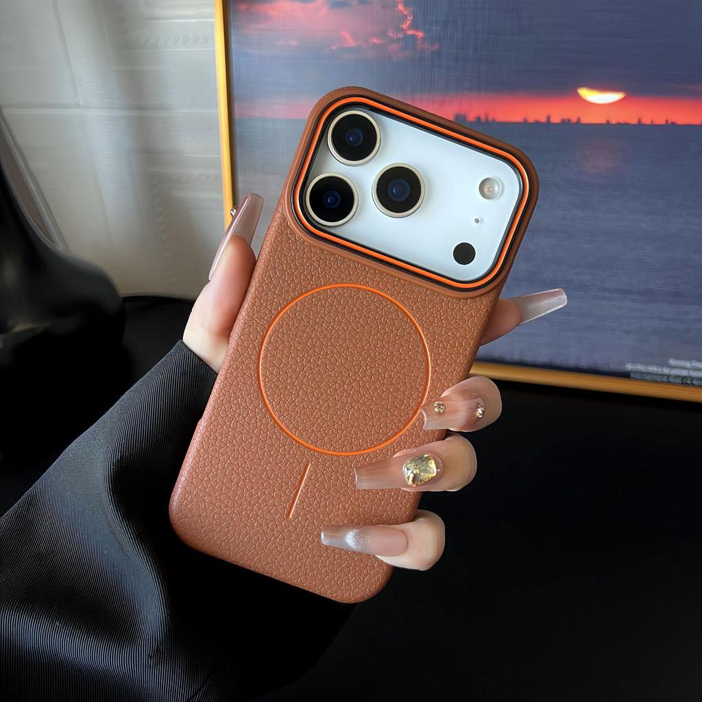 Lychee Pattern iPhone 17 PM Case: Shockproof Magnetic Protection for 16 Pro Max & 15 PM with Contrasting Colors